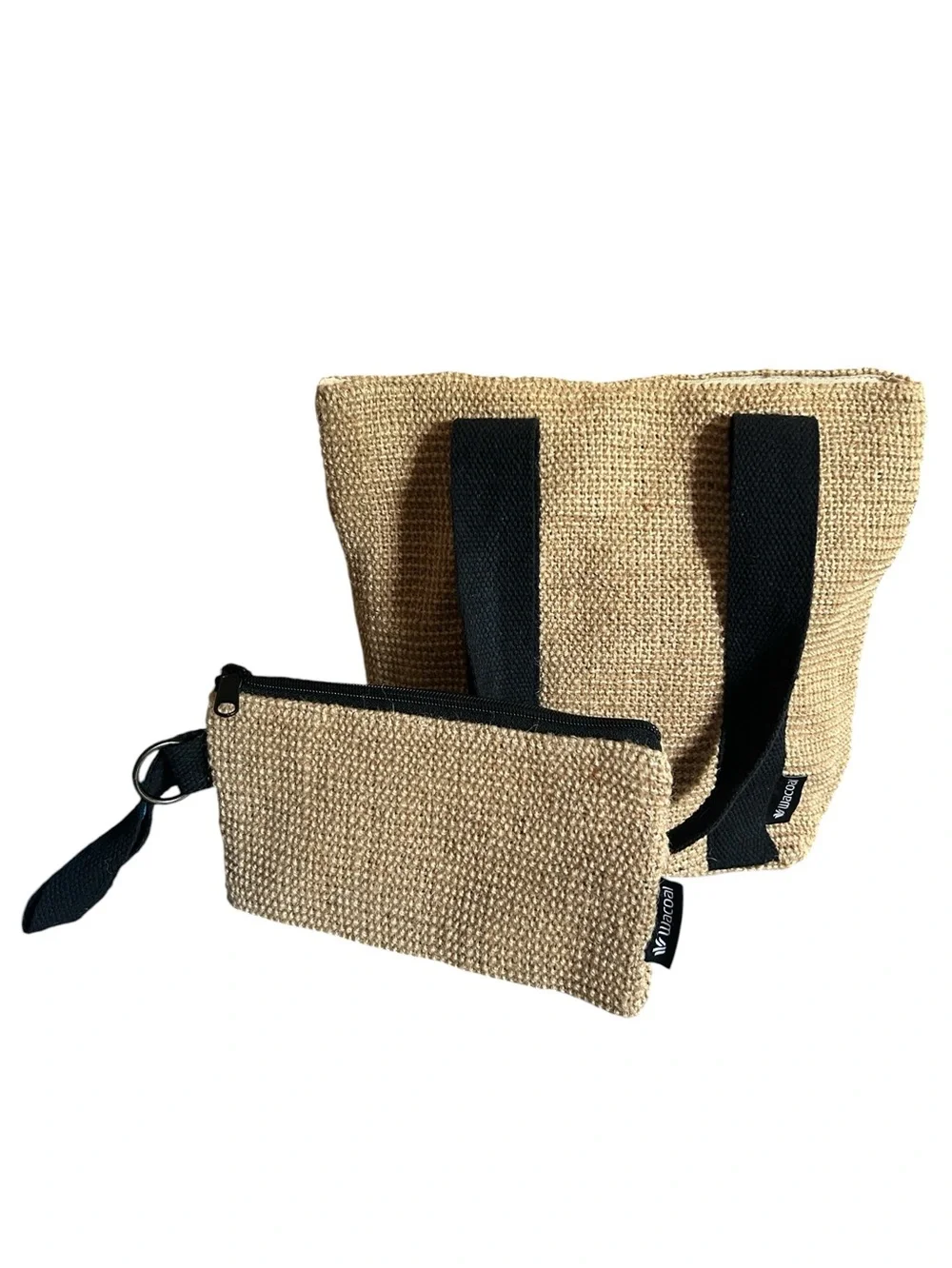 Wacoal Jute & Cotton Double Strap Tote With Matching Wristlet Pouch in Tan with